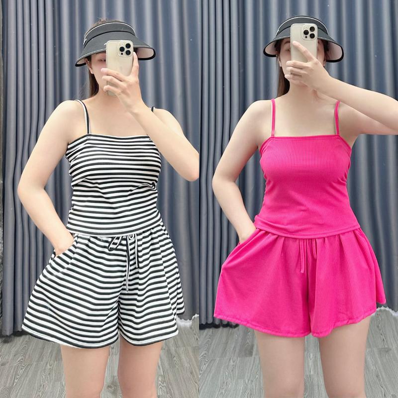 Set Quần Áo Mùa Hè Bigsize(50kg-95kg) Nữ Áo 2 Dây Và Quần Đùi Nhiều Màu Chất Vải Gân Tăm Mặc Mát SET19 Thun Top Women Sọc Kẻ