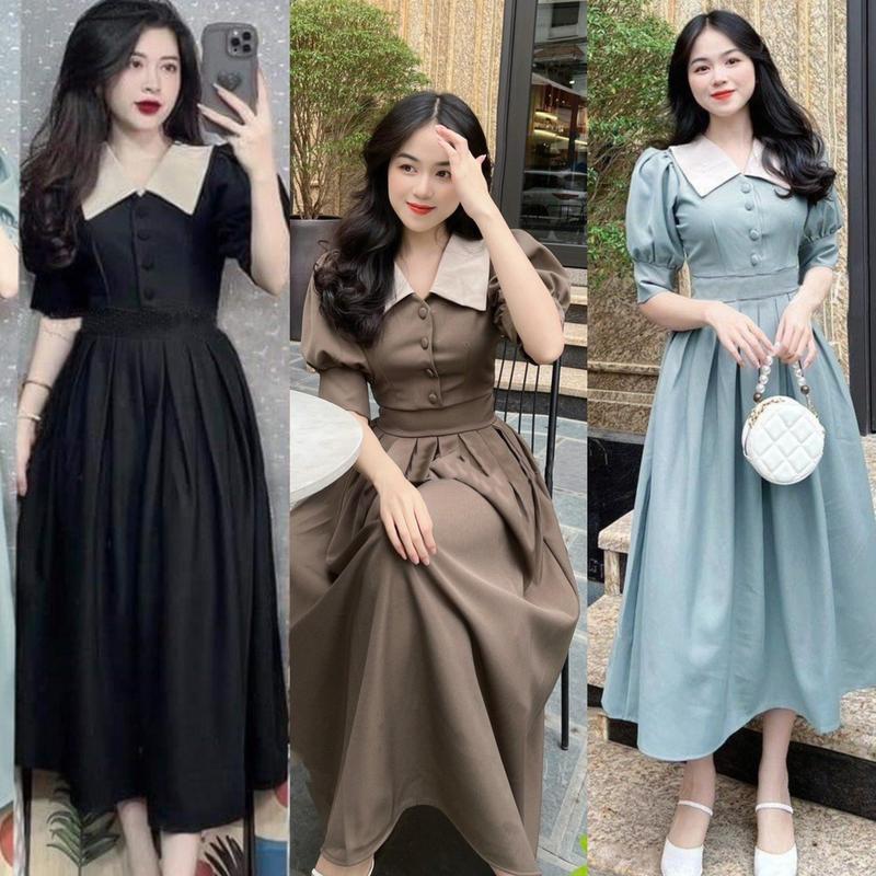 Váy Thời Trang Béo Xinh Bigsize Cổ Nhọn Thanh Lịch Cho Các Nàng 50-100Kg Đầm Nữ Dress Màu Đen Voan Women Tay Phồng - A.1168