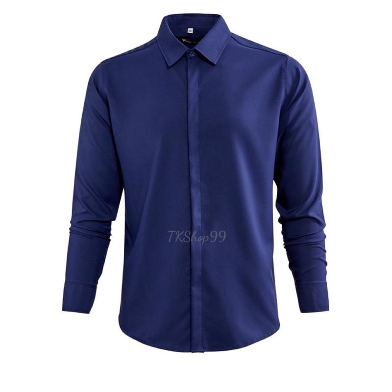 Áo Sơ Mi Nam Trắng Đen Trơn Màu Lụa Dài Tay Nẹp Cúc Chống Nhăn Menswear Nam Có Cổ Trơn Đen Cổ Tròn 3