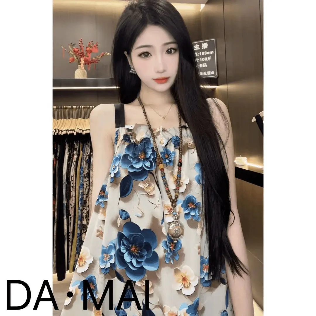 Váy Dài Dáng Rộng, Phong Cách Sang Trọng Giá Cả Phải Chăng, In Hình, Chất Liệu Satin, Không Tay, Thích Hợp Cho Mùa Hè Của Phụ Nữ, Váy Hai Dây Duyên Dáng Và Thời Trang, 2024 Women Dress