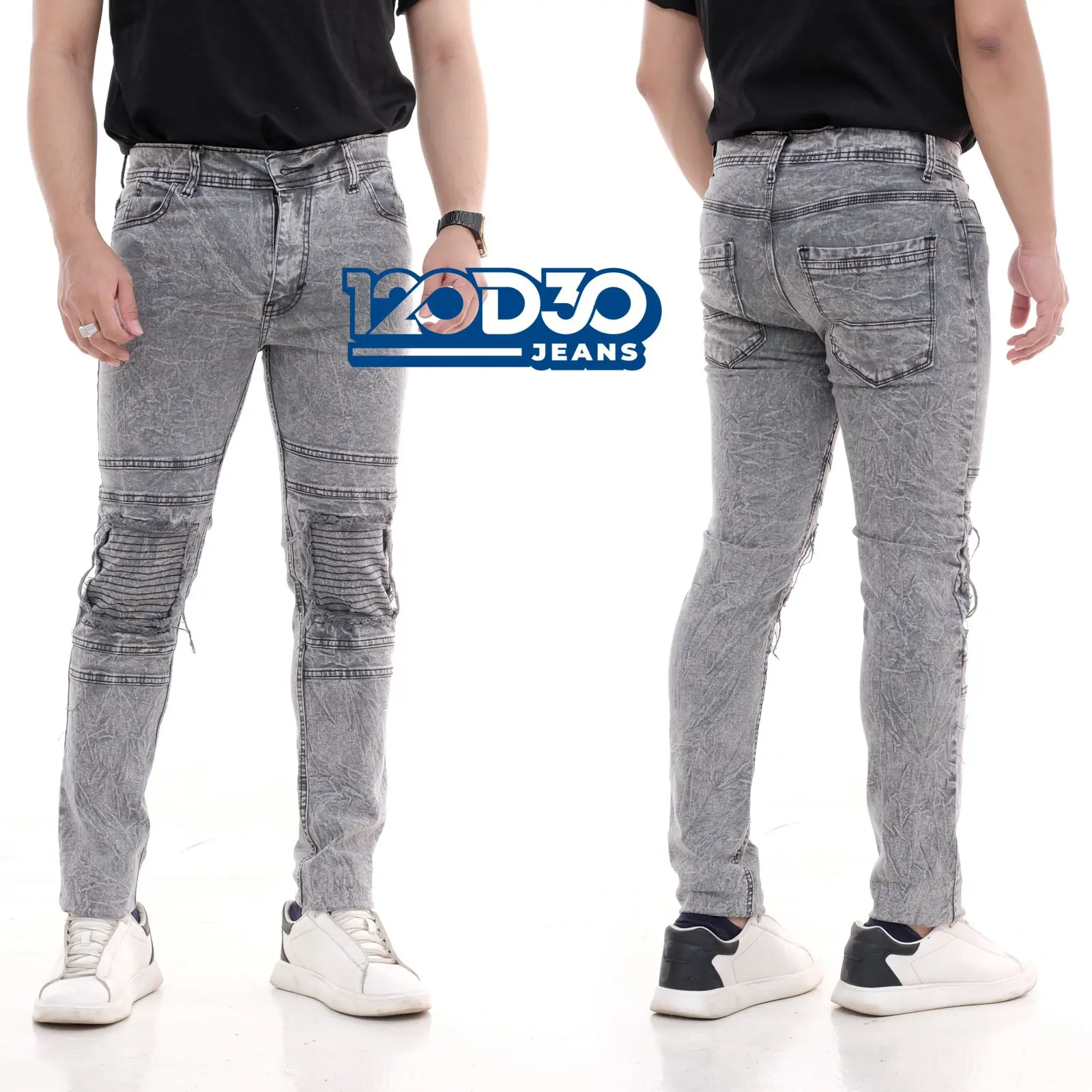 celana bikers riders jeans pria patch lutut skinny premium