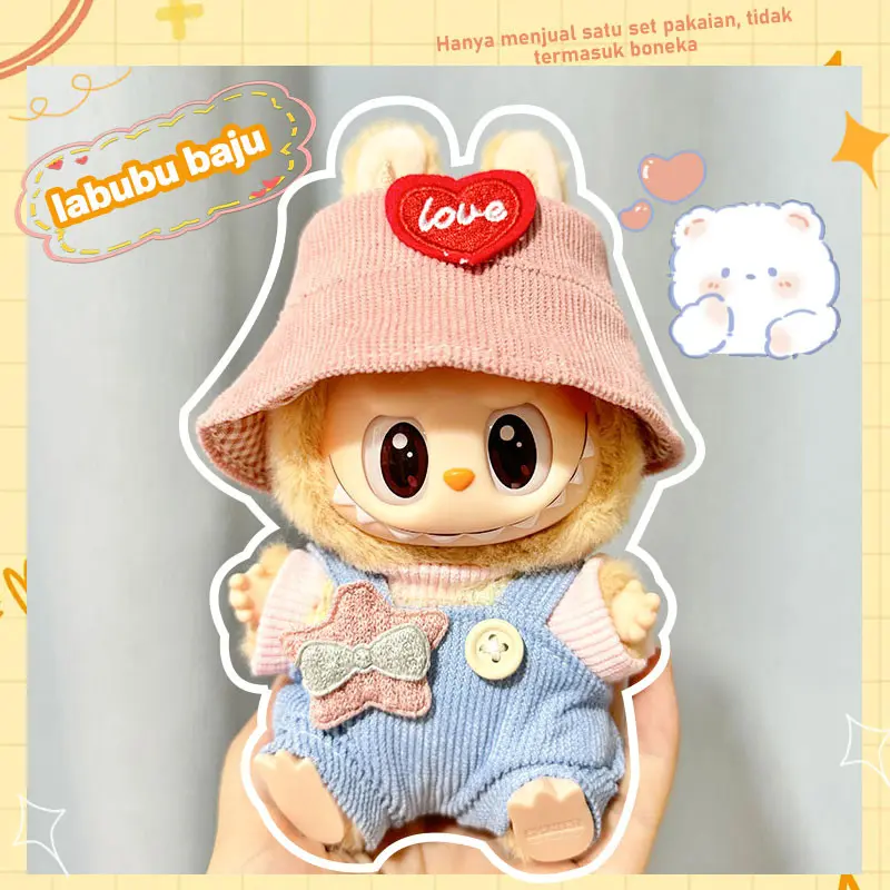 LABUBU MACARON baju 17CM POPMART Overall + topi merah muda BONEKA BAJUNYA  pop mart kostum pakaian boneka  Dolls 0