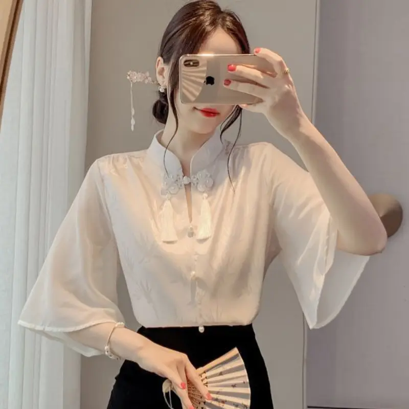 Áo Cánh Phong Cách Trung Quốc Dành Cho Phụ Nữ, Dáng Rộng Vừa Vặn, ngắn Tay Áo, Áo Sơ Mi Trắng, Ngoại Cỡ, Thời Trang, Thanh Lịch, Áo Cổ Điển 6