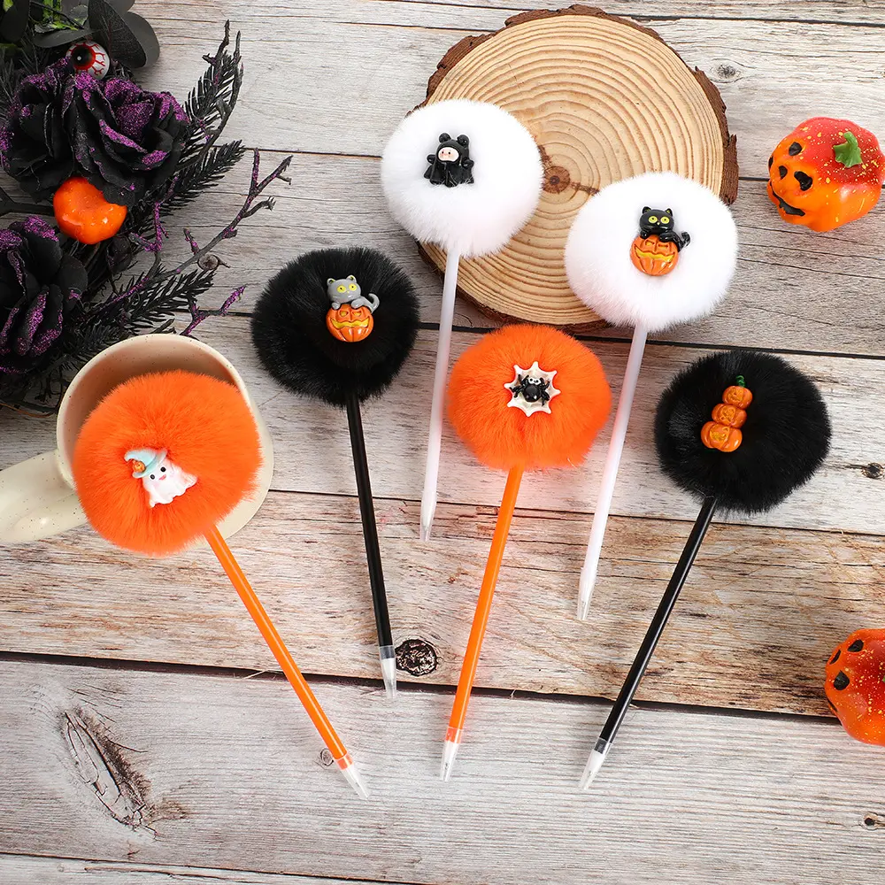 Halloween Cartoon Cute Fur Ball Pen Student Girl Heart Plush Ballpoint Pen Writing Implement Gift Gel Pen