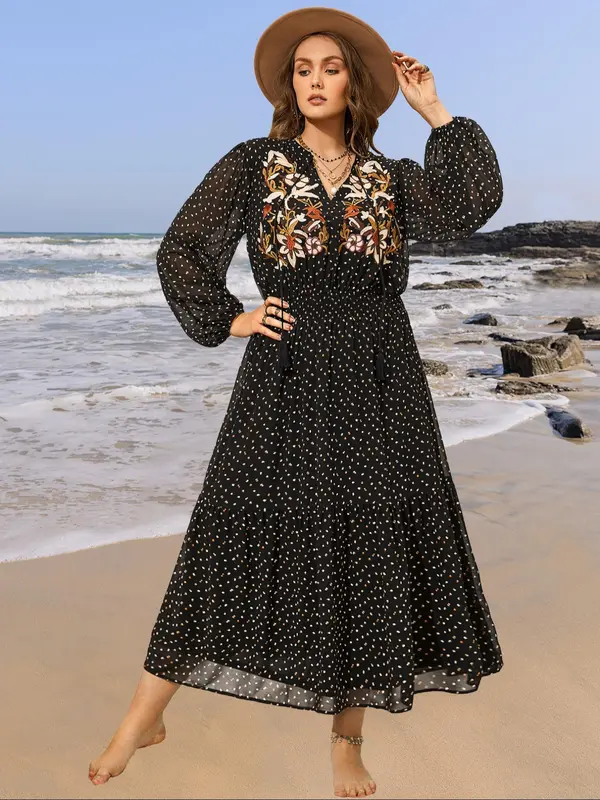 【Plus Size】 Floral Embroidery Tassel Ruffle Hem Dress, Boho All Over Print Notched Neck Long Sleeve A Line Dress, Dresses for Women, Holiday Dresses, Summer Outfits 2024, Ladies Dresses, Women's Clothes, Dresses for Women, Belleza Fits 2