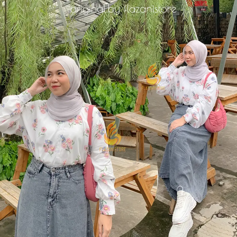 Flazani-￼Kemeja Basic Oversize Lengan Puffy Korean Style Rayon Motif New Series kemeja Jumbo Kemeja Tangan Kancing Kemeja Casual Atasan Wanita Atasan Kerja Atasan Motif Baju Viscose Panjang Katun 1