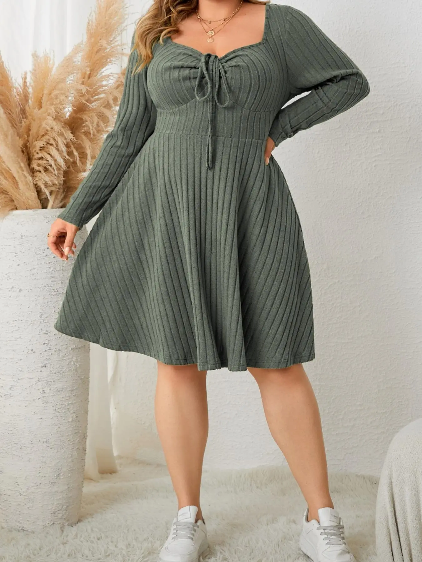 【Plus Size】 Solid Drawstring Sweetheart Neck A Line Dress, Casual Long Sleeve Ribbed Dress for Fall & Winter, Women's Clothes for Daily Wear, Rave Dress Plus Size Valentine's Day, gift