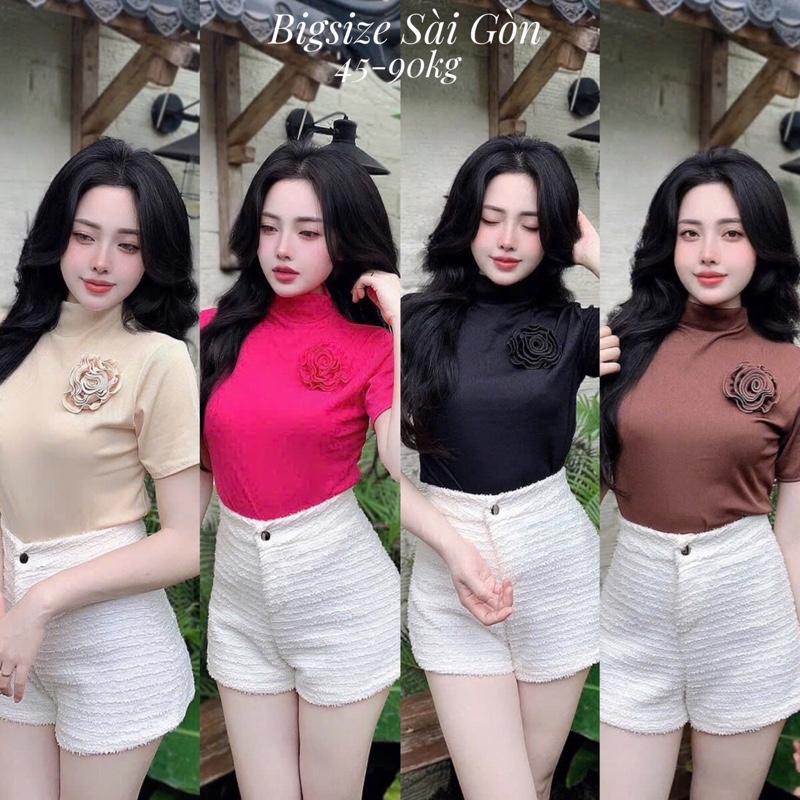 Áo Thun Nữ Cổ Lọ Phối Hoa Vải Gân Tăm 45 - 90Kg Có Bigsize Sài Gòn Top Women - B.1495