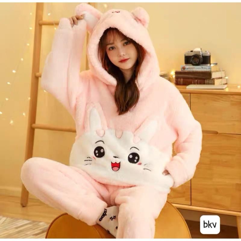 Bộ ngủ lông cừu thêu mèo dễ thương, Sét pyjama lông mũ tai gấu chất dày dặn ấm áp màu hồng nâu form rộng unisex hàn quốc, EYE 2T 4