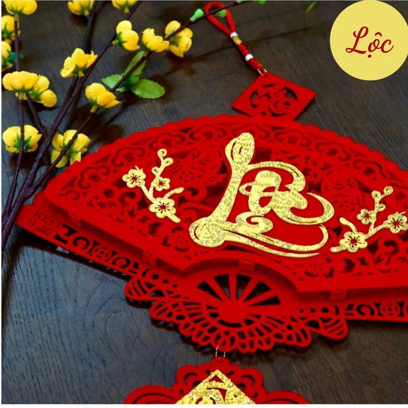 Dải Đỏ Chữ phúc treo cửa ngày tết may mắn, Quạt Vải Nhung Chữ Phúc Lộc Thọ Trang Trí tết , Decor Phòng