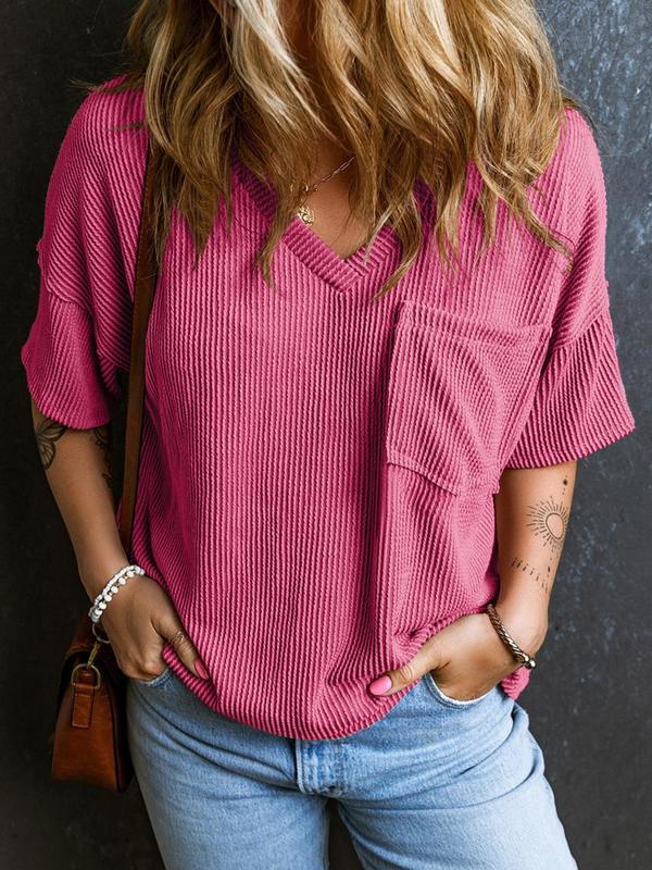 Women's Plain Textured Pocket V Neck Tee, Casual Minimalist Drop Shoulder Half Sleeve T-shirt for Summer, Ladies Clothes for Daily Wear, Cute Tops, Cute Tops, Tshirt, Womenswear 7
