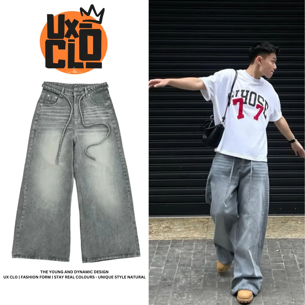 Quần Jean Ống Rộng Nam Nữ Phối Dây - LIGHT SMOKE LOOSE PLEAT - UX CLO - UXC15