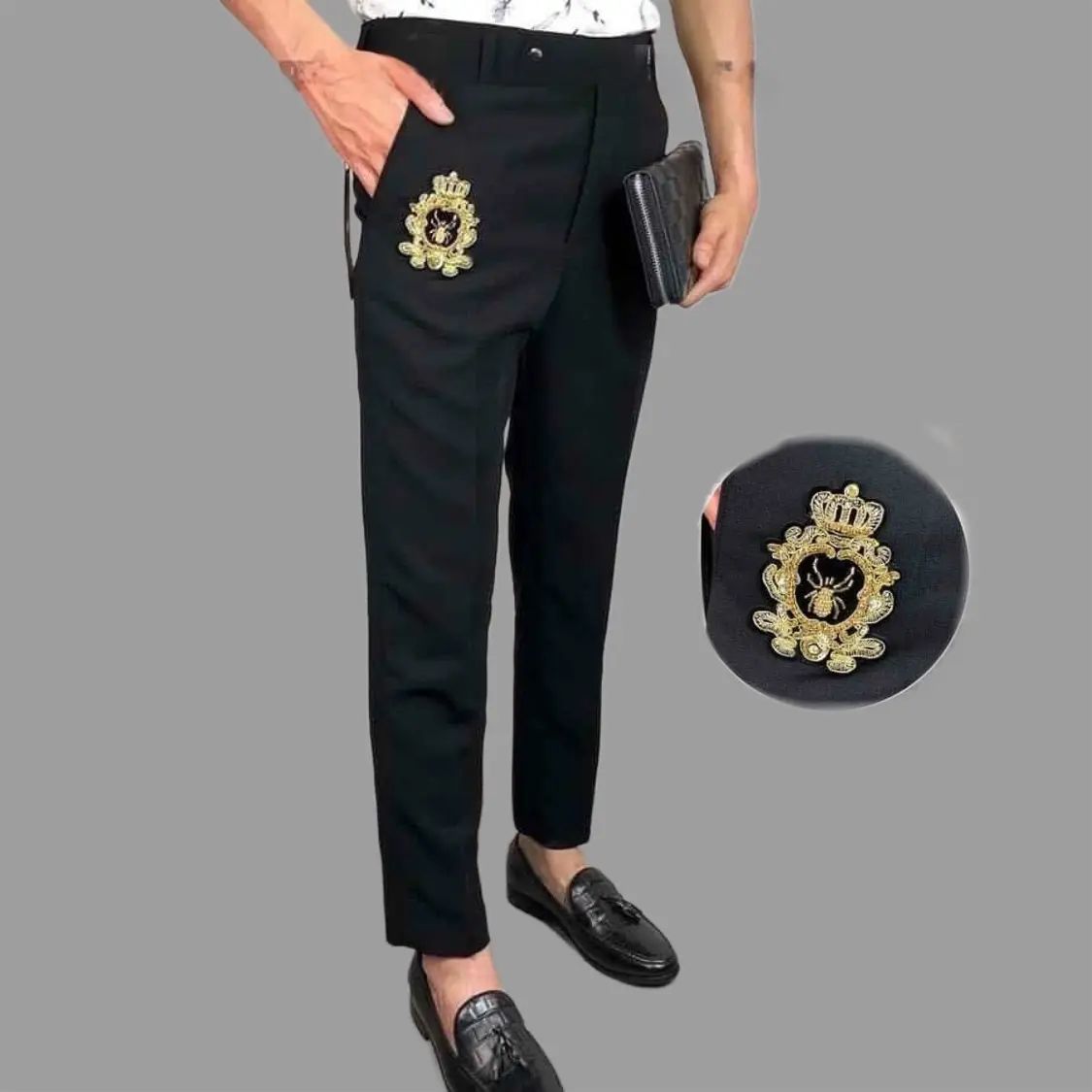 Quần Âu Đính Đá LoGo Ong Sang Trọng Trẻ Trung Màu Đen