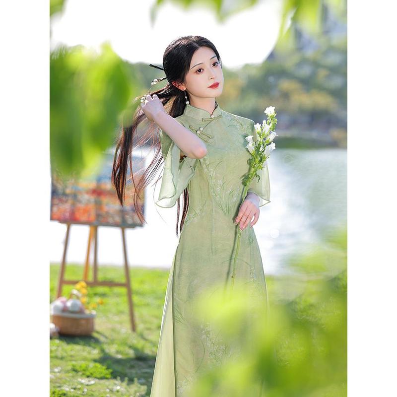 Chiêu Gấm Xanh Bộ Đồ Trà Ao Dai, Phong Cách Trung Quốc Cải Tiến, Thích Hợp Cho Bé Gái Trẻ, Thích Hợp Cho Kỳ Thi Tuyển Sinh Đại Học Lan, Hàng Mới Về Mùa Hè 2025, Miễn Phí Vận Chuyển Women Dress 3