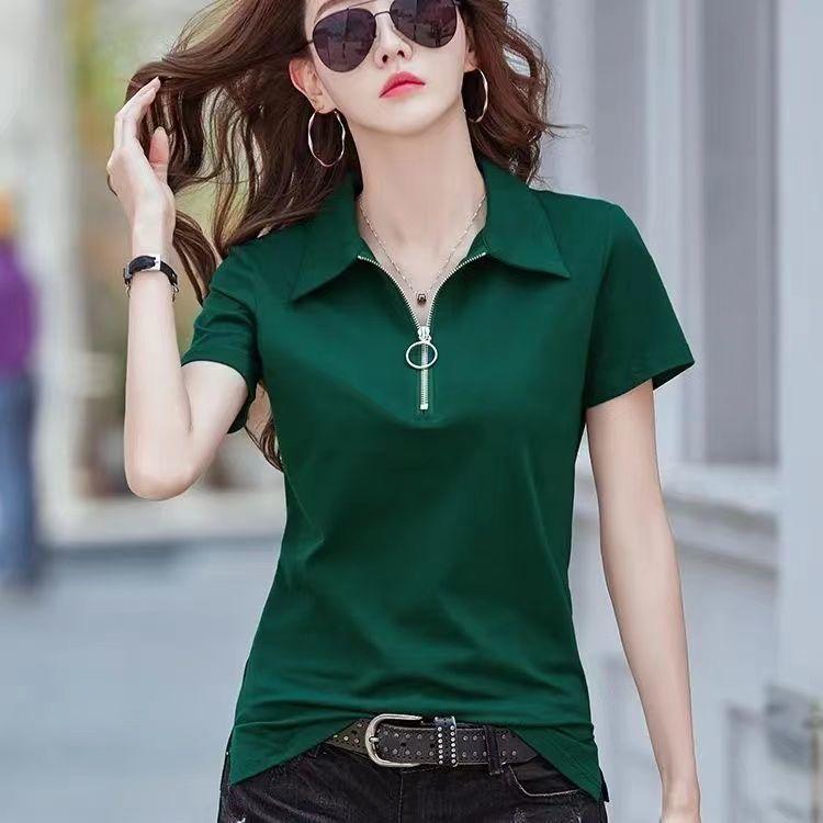 Áo Sơ Mi Nữ, Áo Phông Ngắn Tay, Hàng Mới Về Mùa Hè 2024, Cổ Polo Có Khóa Kéo, Thời Trang, Thanh Lịch, Kiểm Soát Bụng, Mỏng Vừa Vặn, Áo Sơ Mi Màu Trơn 0