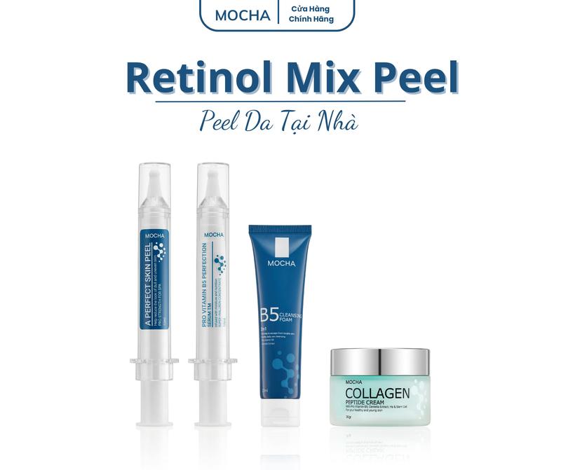 PEEL MIX RETINOL MOCHA mua 1 Được 4: Serum Vitamin B5, Kem Face Collagen, Sữa rửa mặt B5, Peel Da Làm Đẹp Da Skincare Chăm Sóc Da Massage Peptide Tinh Chất peel  damocha peel da