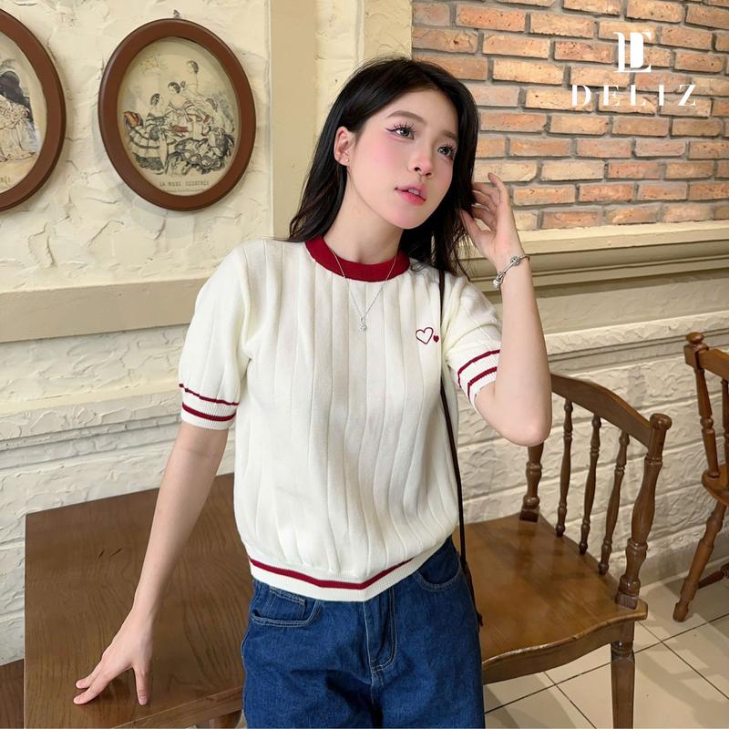 DELIZ - Áo len cổ tròn ngắn tay mùa hè thêu tim đơn giản - ALC07
