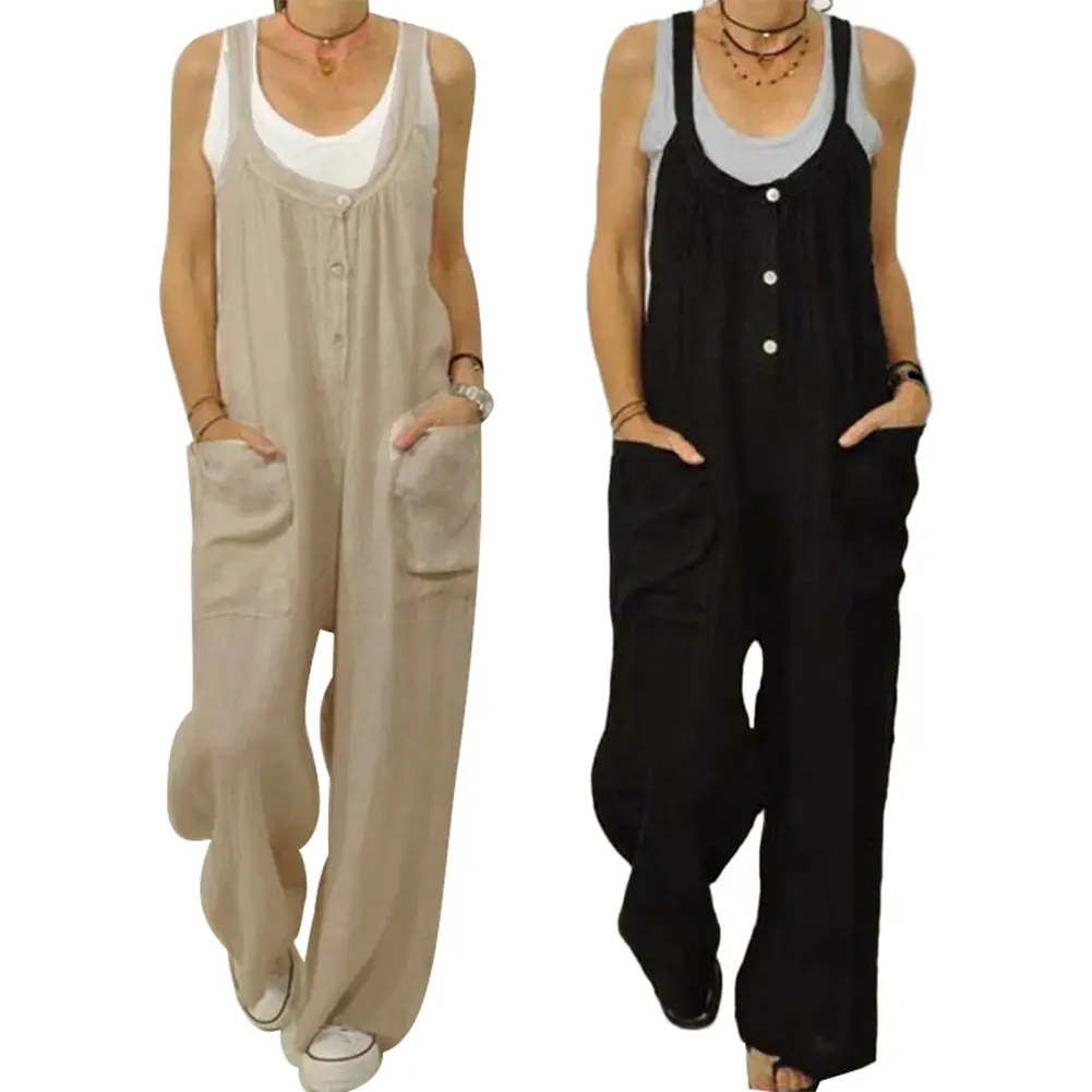 Yuabefi-Women Solid Color Buttons Pockets Cotton Linen Jumpsuit Bib Overall Dungarees