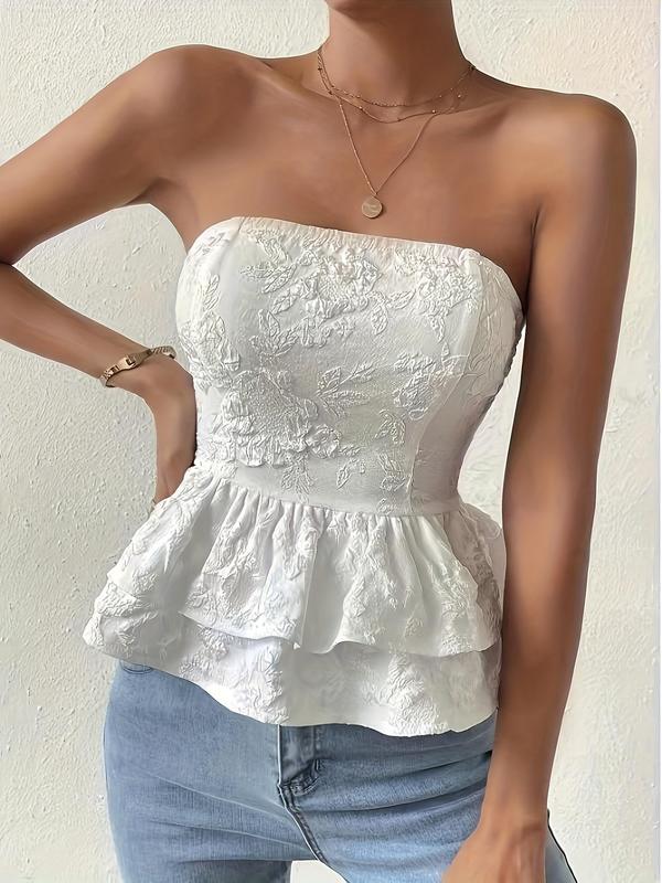 Women's Plain Textured Cut Out Tiered Layer Tube Top, White Tube Top, Boho Tie Back Strapless Top for Summer, Ladies Clothes for Beach Holiday Vacation 0