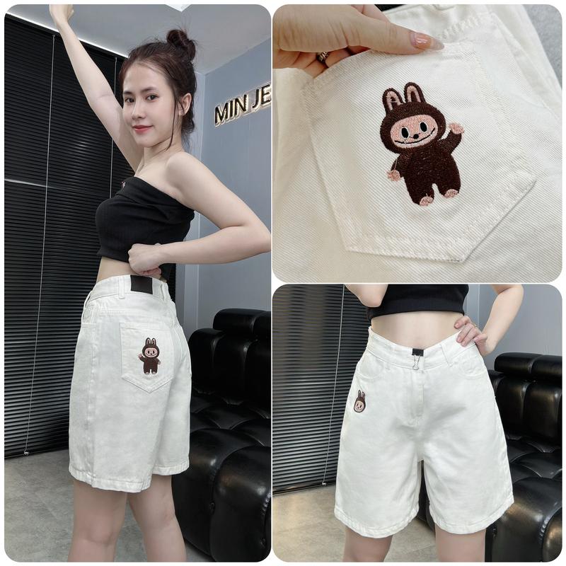 Quần Ngố Jean Nữ Thêu Hình LBB Đáng Yêu Lưng Cao Tôn Dáng