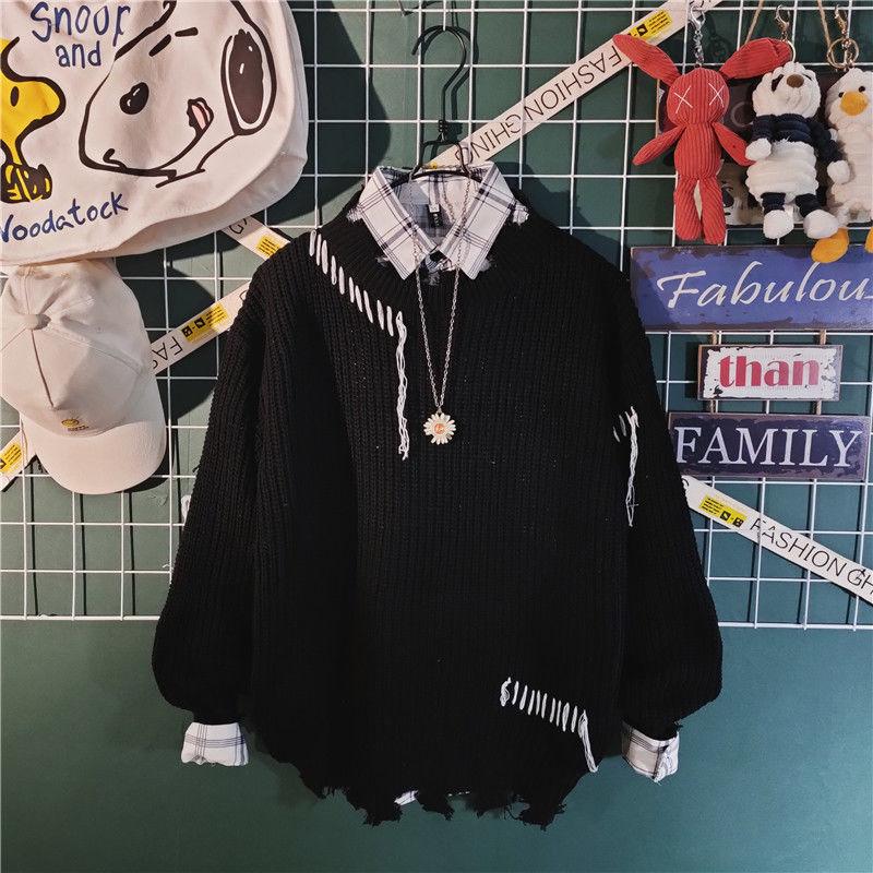 Áo Len Ruy Băng Rách Retro Cho Nam, Phong Cách Nhật Bản, Linh Hoạt Năng, Ruan Shuai, Phong Cách Hàn Quốc, Màu Trơn, Phong Cách Thường Ngày