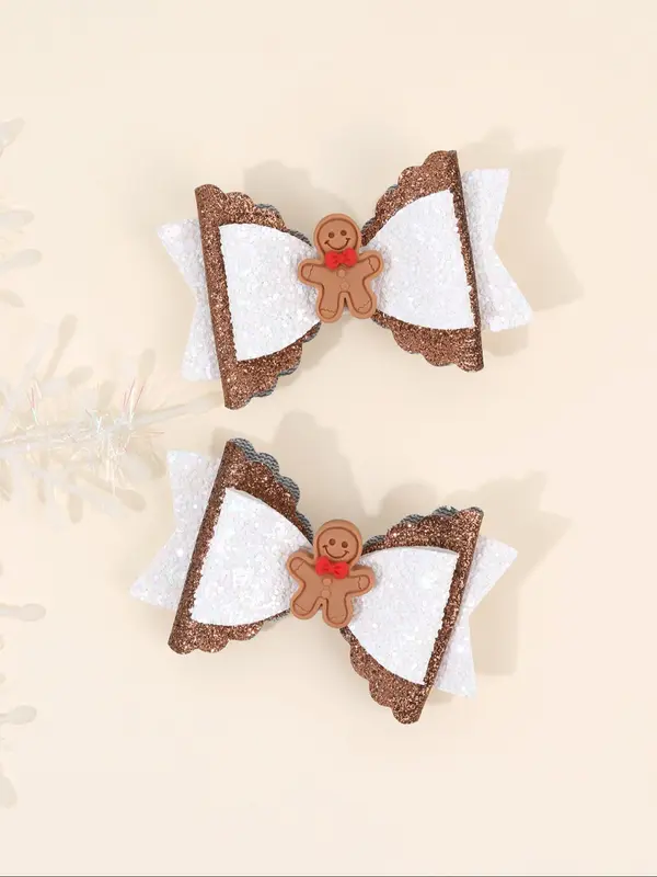 Cute Gingerbread Man Decor Bowknot Design Hair Clips, Glitter Hair Accessories for Girls, Fashion Hair Accessories for Party, Daily Clothing Decor 2