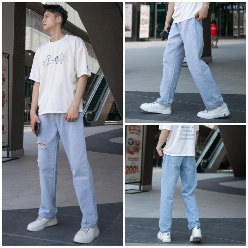 Quần bò ống suông nam rách gối màu xanh trắng nhạt chất jean mài xước đùi đẹp 090