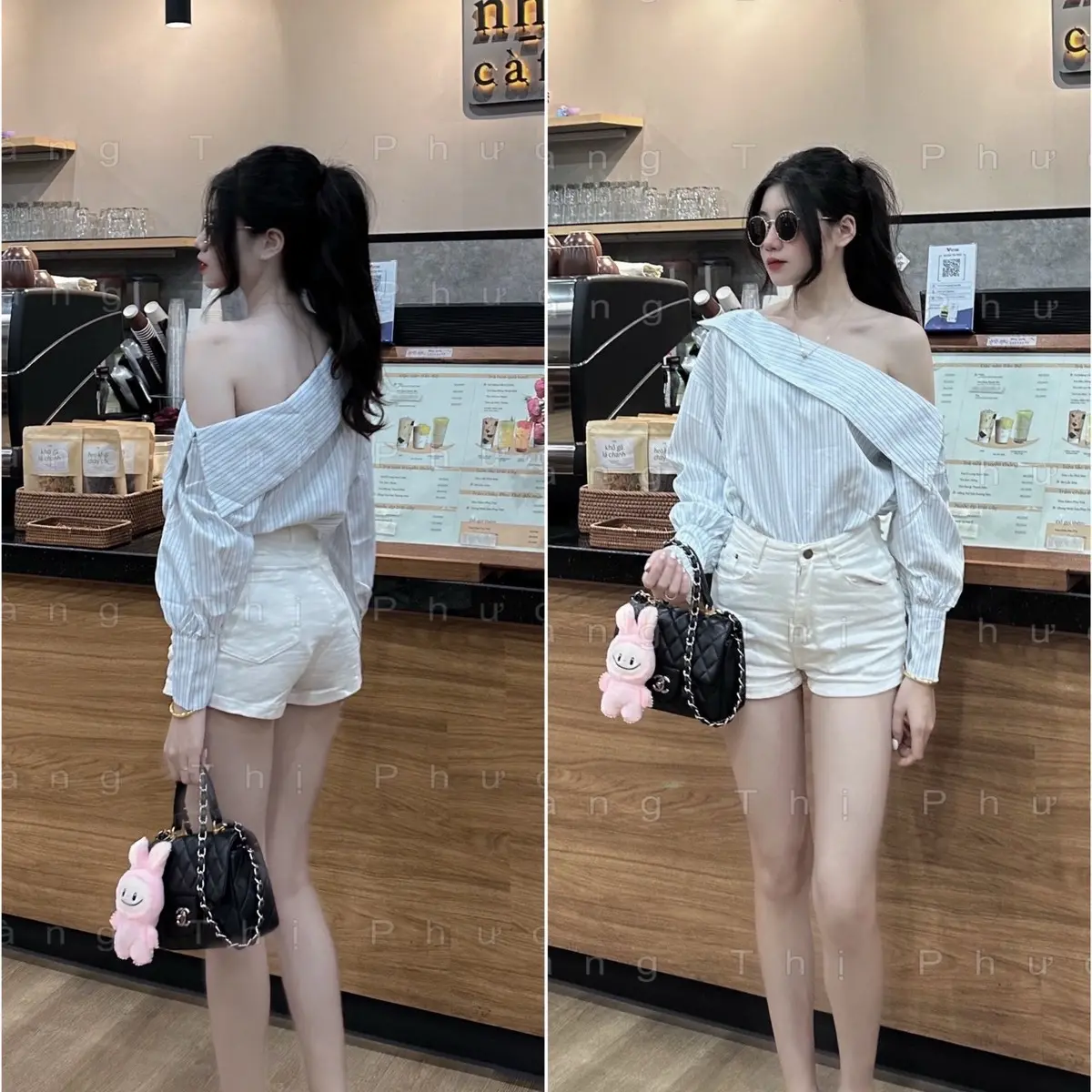 Áo sơ mi chéo vai kẻ xanh A201 dành cho nữ - Hàng chất lượng cao - Shop Hoàng Thị Phượng - Women somi