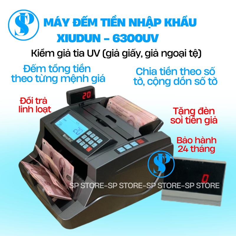 Máy đếm tiền XIUDUN-6300UV máy đếm tổng tiền, chia tiền hoặc cộng dồn số tờ, mini phát hiện tiền giả UV, japan 2024, bảo hành 18 tháng, tặng kèm đèn soi tiền