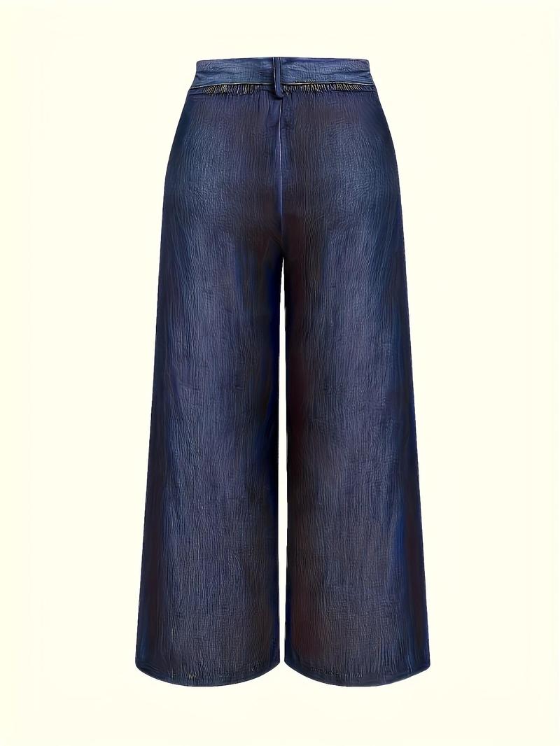 Product Introduction of Women's Plain Belted Button Fly Wide Leg Denim Pants, Elegant Casual Pocket Trousers for Spring & Fall, Women's Bottoms for Daily Wear 9