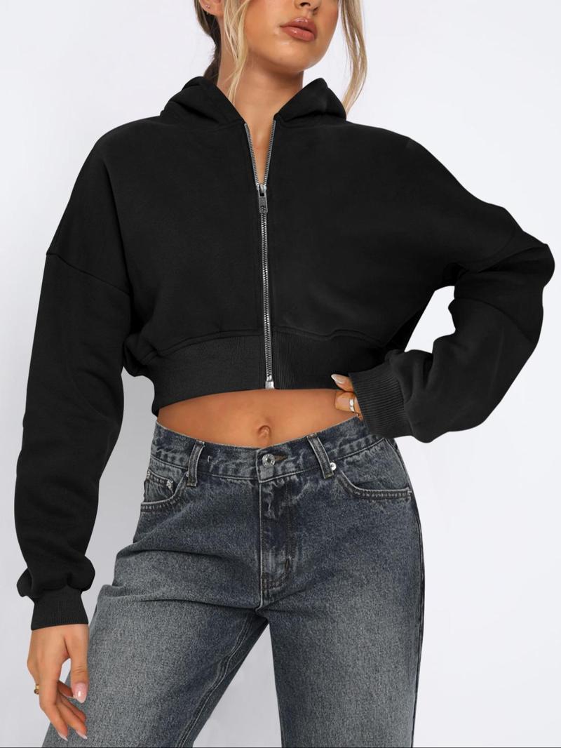 Product Introduction of Women's Solid Zip Up Drop Shoulder Hoodie, Casual Long Sleeve Hooded Sweatshirt for Fall & Winter, Women's Clothing for Daily Wear 11