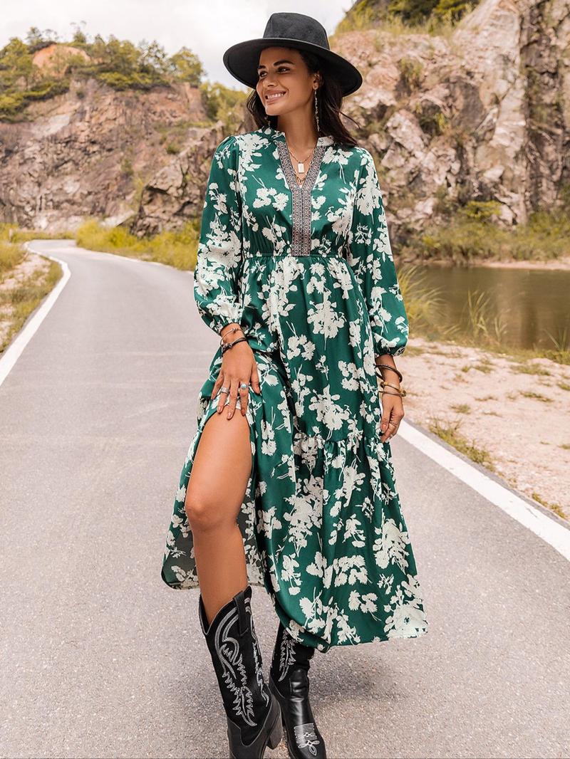 Product Introduction of Women's Floral Print Embroidered Trim Bishop Sleeve Notch Neck A-line Long Dress, Dresses for Women, Boho Spring & Fall Summer, Maxi Dresses for Vacation, Holiday Dresses, Belleza Fits, Womenswear 14