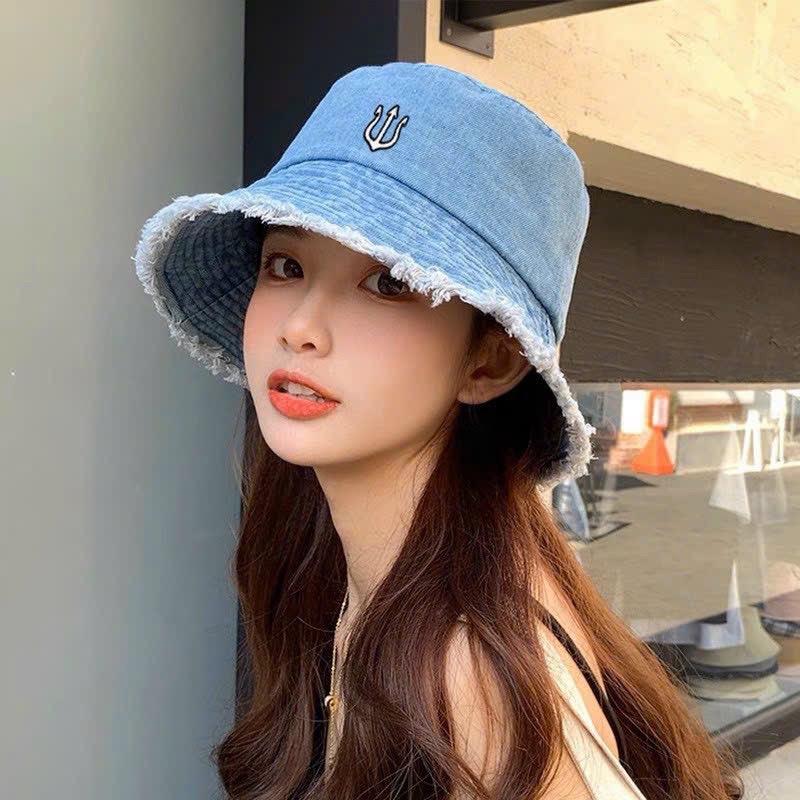 Nón vành tròn vải jeans phối vành tua rua thêu hoạ tiết - mũ bucket nữ xinh xắn Women