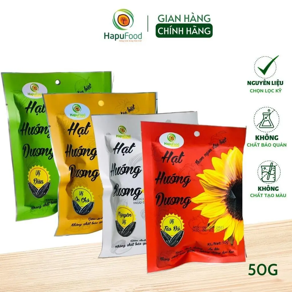 Hạt hướng dương vị dừa - óc chó - nguyên vị - táo đỏ HAPUFOOD gói 50G  - Đồ ăn vặt cho Mẹ và Bé