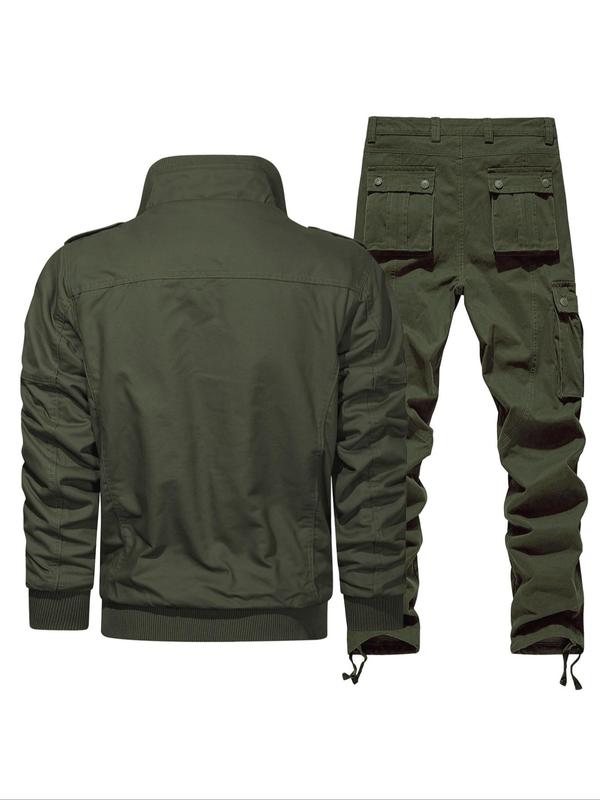 Men's Solid Color Zip Up Jacket & Pants Two-piece Set, Regular Fit Casual Fashion Cozy Breathable Two Piece Outfits for Daily Outdoor Wear, Men Clothes for Spring & Fall, Apparel, Menswear 1