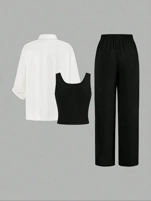 Women's Solid Button Front Shirt & Tank Top & Drawstring Waist Pants Set, Casual 3 Piece Outfits for Year-round Daily Wear, Ladies Clothes for All Seasons 1