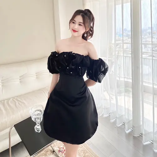 Váy Dự Tiệc ĐÍNH HỘT TRỄ VAI Trơn Dáng A Chất Tafta Hai Lop Có Mut Phối Tay voan Tơ MỊN Phong Cách Sang Trọng Dành Cho Nữ Đủ Size Hai Màu Đen Trắng - TV19 Dress Đầm Voi Women Lệch Vai