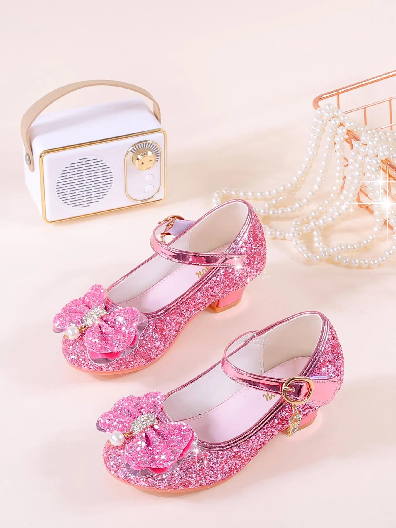 Girl's Fashionable Contrast Sequin & Faux Peal Decor Bowknot Design Flats, Elegant Comfortable Princess Shoes for Party, Daily Clothing Decor for Girl, Valentine's Day, Gift
