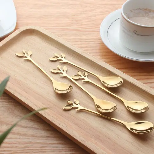 Sendok Dessert | Garpu Dessert | Sendok Teh | Sendok Motif Daun | Garpu Motif Daun | Sendok Desain Mewah Berkualitas Tinggi - [SHLH1003] 3