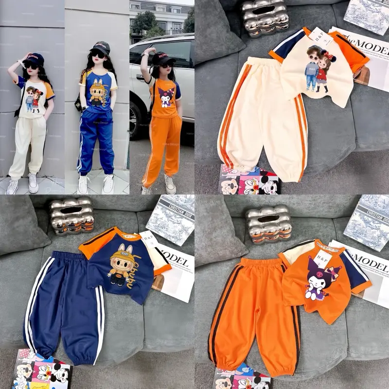 ( KHÔNG TÚI) Combo 3 bộ quần dài áo cộc chạy sọc thể thao chất cotton su size từ 8-45kg 0