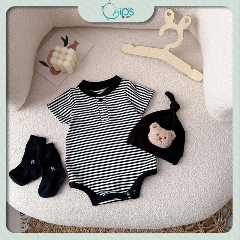  Set body 3 chi tiết bé trai 4-10kg. Body suit sọc ngang chất liệu cotton cho bé mặc hàng ngày. Chip's Shop 
