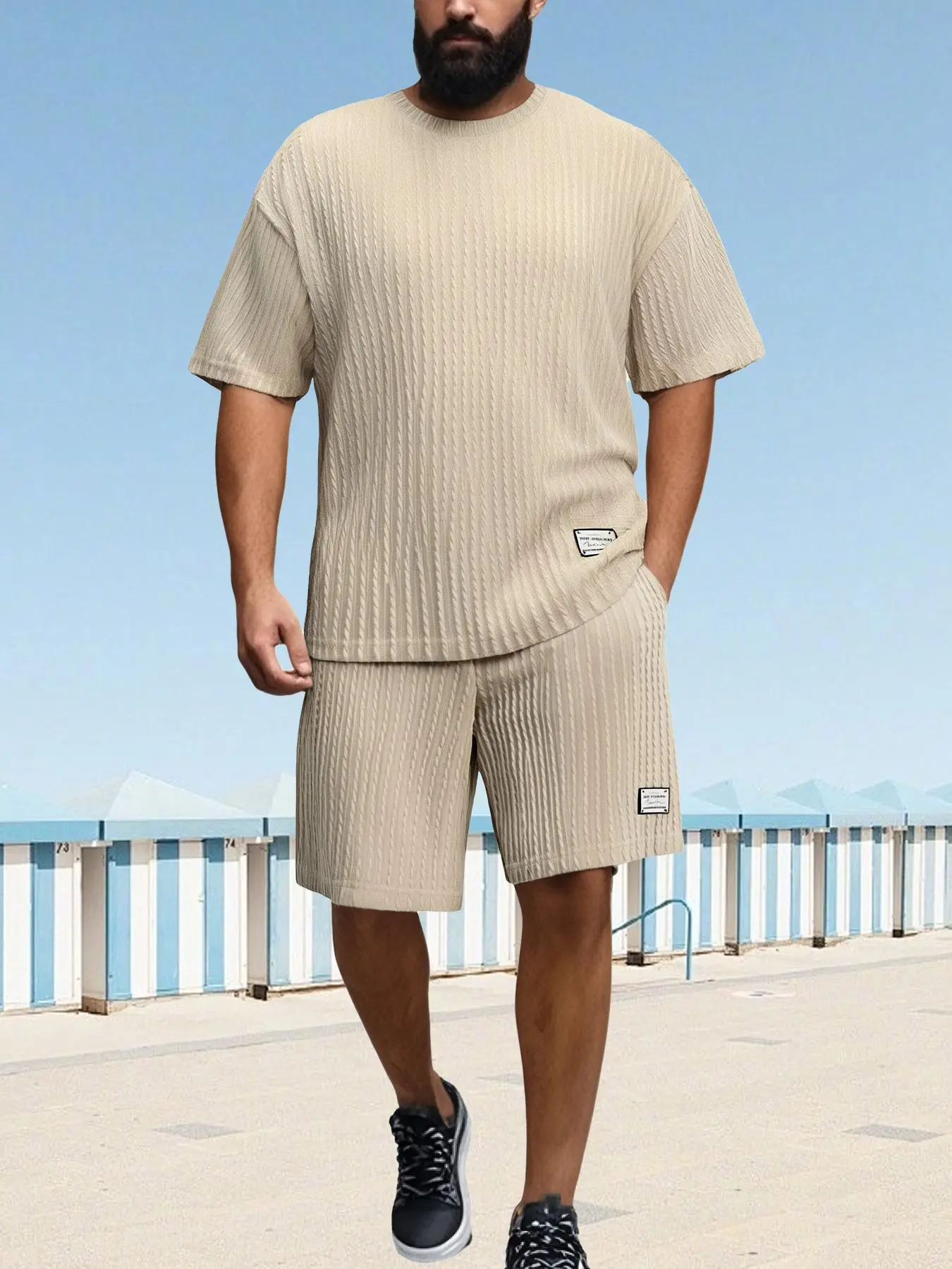 Men's Solid Color Letter Patched Jacquard Knitted Short Sleeve Tee & Drawstring Waist Shorts Set, Loose Casual Comfy Round Neck T-shirt & Pocket  Shorts, Summer Outfits Clothes Set for Men