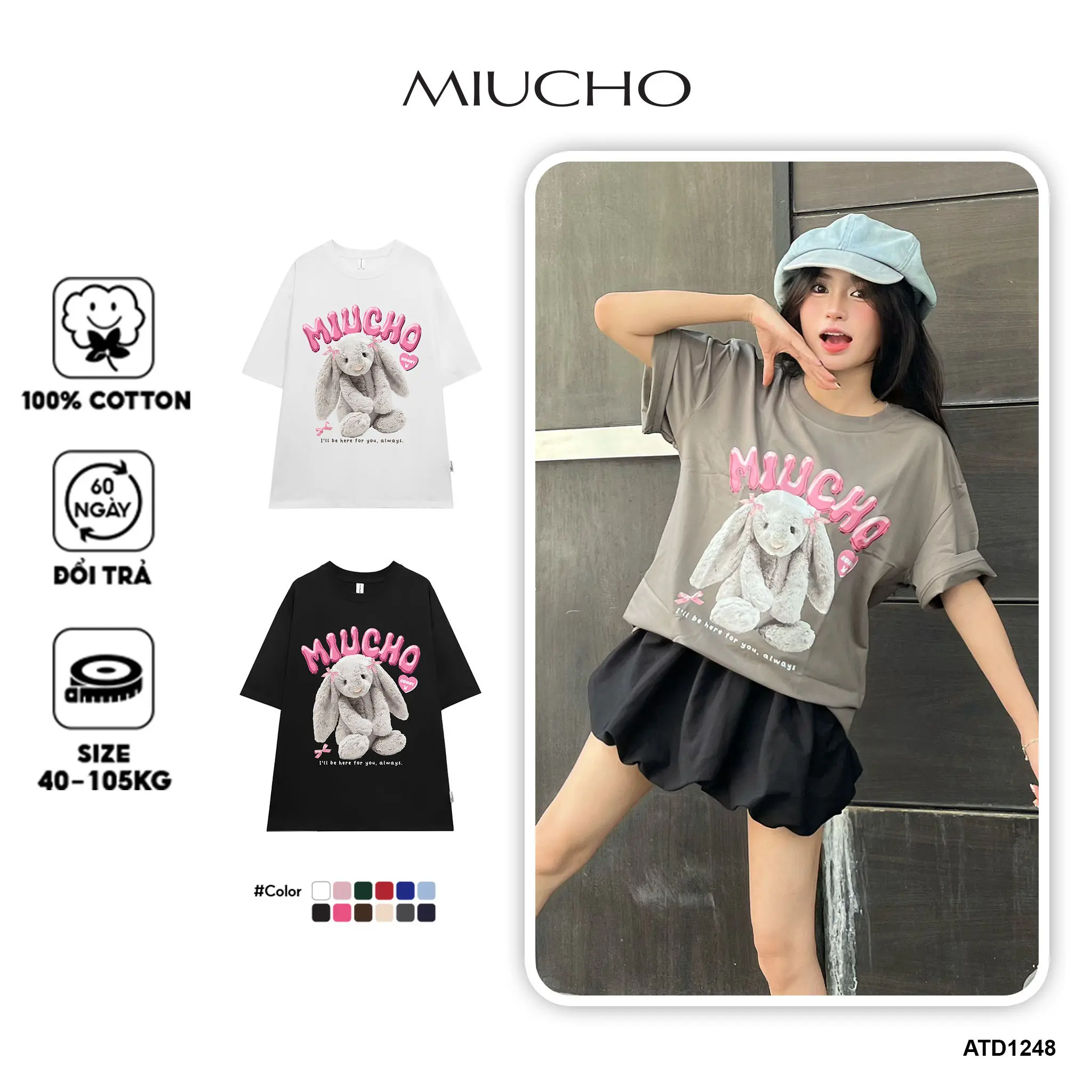 Áo thun thỏ Bunny form rộng local brand ATD1248 Miucho tay ngắn vải cotton co giản cổ tròn in mix