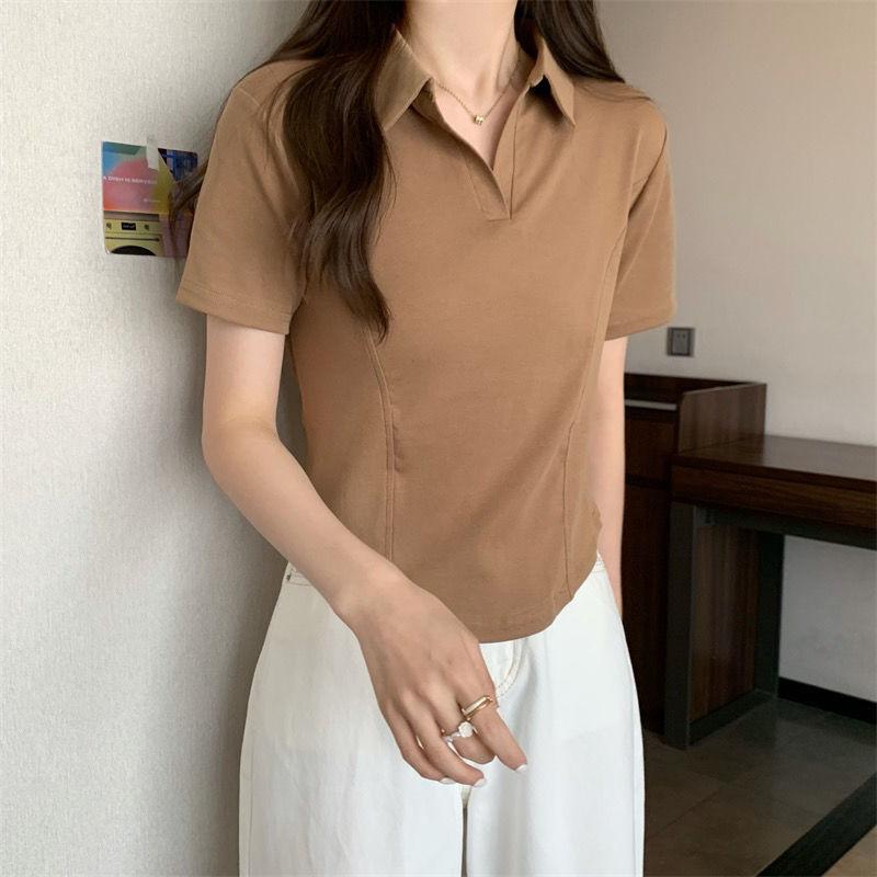 Product Introduction of Summer New Korean Style Polo Collar Solid Color Short-Sleeved Top for Women Slim Casual All-Match T-shirt Women 11