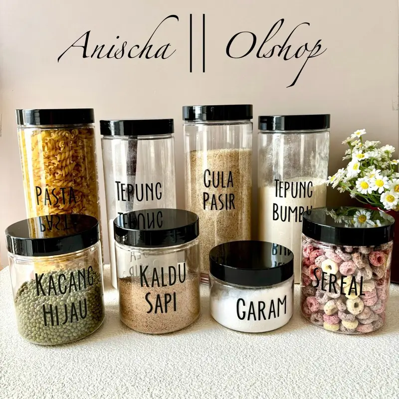Toples Bumbu Dapur Tutup Hitam Bahan Plastik Toples Serbaguna Free Stiker Cutting Anti air (EA Htm) 0