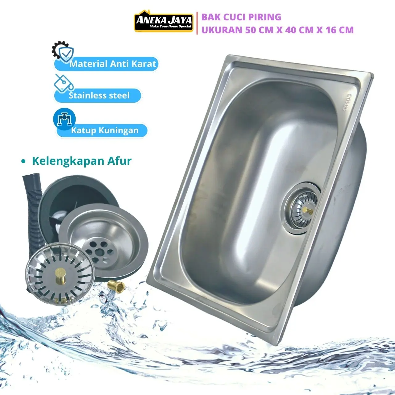 Bak Cuci Piring Kitchen Sink Free Afur 50 x 40 Cm Tebal Material Stainlees Anti Karat