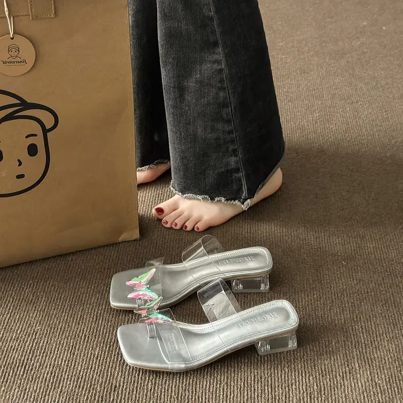 2025 High Quality Sexy Beautiful Drop Show Legs White Bow Flip Toe Transparent Slippers Women's Summer Wear Square Toe Chunky Heel Crystal Sandals Hot Sale