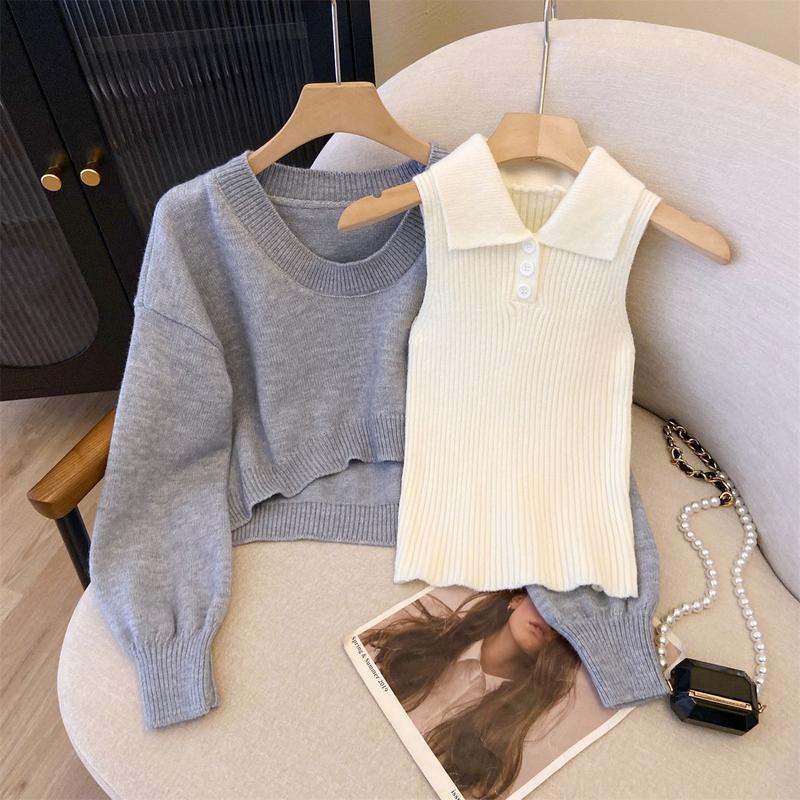 Bộ Đồ Hai Mảnh Lười Biếng, Áo Len Và Áo Polo, Phong Cách Thu Đông, Phong Cách Trẻ Trung 2024, Phong Cách Preppy, Dệt Kim, Thiết Kế Đặc Biệt, Thích Hợp Cho Nữ 4