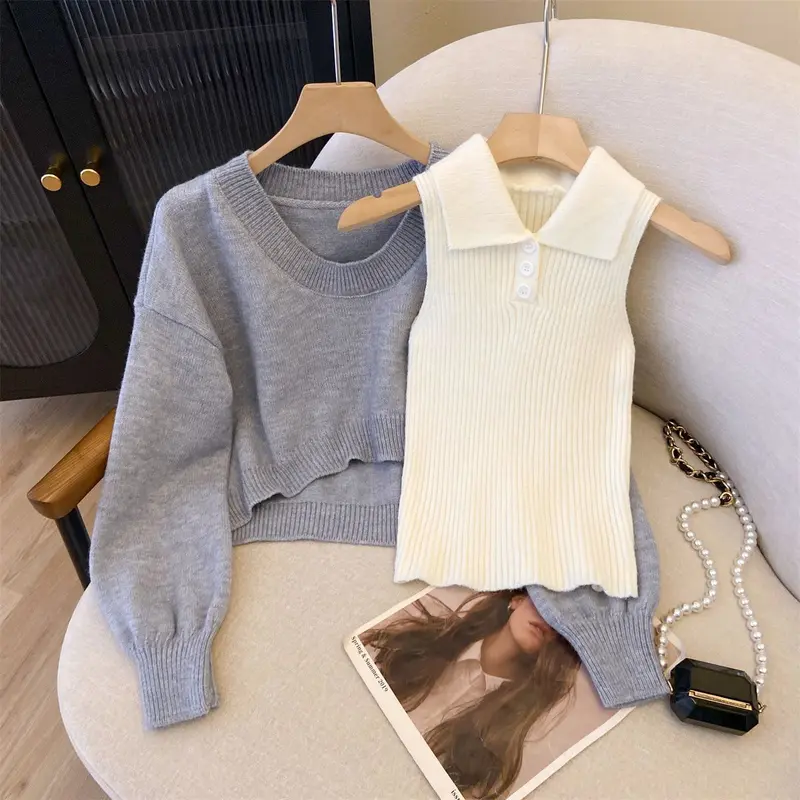Bộ Đồ Hai Mảnh Lười Biếng, Áo Len Và Cổ Polo, Phong Cách Preppy Trông Trẻ Trung, Dệt Kim, Thiết Kế Đặc Biệt, Thích Hợp Cho Mùa Thu Và Mùa Đông, Bộ Sưu Tập Năm 2025 Nữ Women Top Màu Đỏ 4