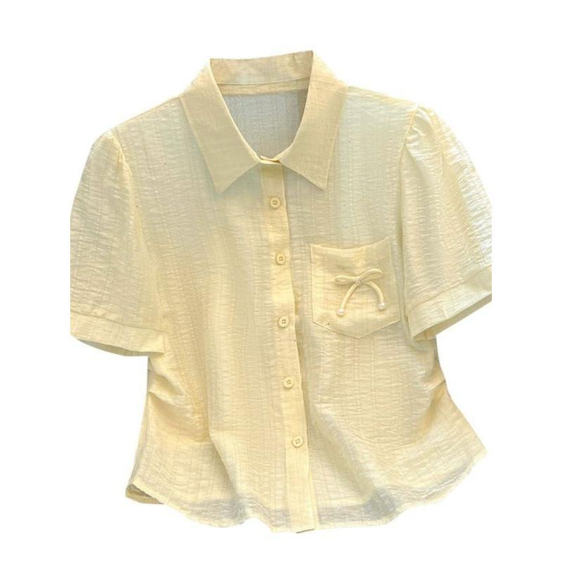 Áo Voan, Áo Sơ Mi Nữ Ngắn Tay, Dáng Rộng Vừa Vặn, Thiết Kế Cổ Polo, Có Thể Giấu Bụng, Hàng Mới Về 2024, Áo Sơ Mi Độc Đáo 4